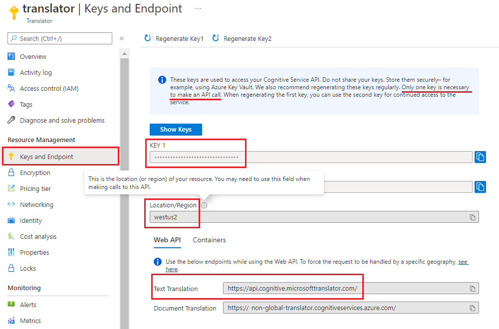 Screenshot: pagina delle chiavi e dell'endpoint del portale di Azure.