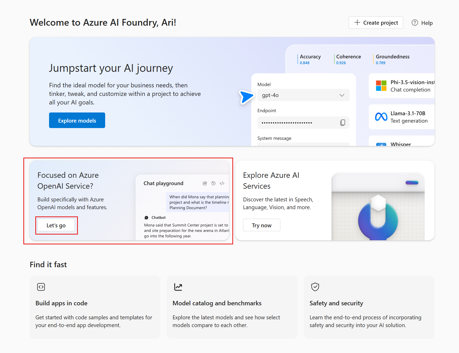 Screenshot che mostra la home page di Azure AI Foundry.