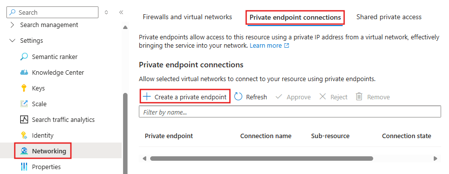 Screenshot della sezione endpoint privato di Ricerca di intelligenza artificiale.