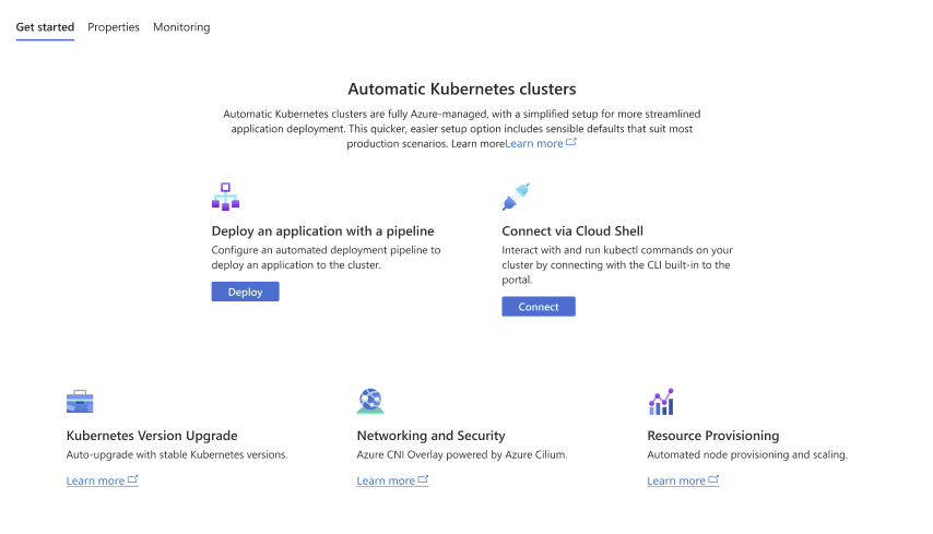 Screenshot della scheda Introduzione nel pannello Panoramica dopo aver creato un cluster del Servizio Azure Kubernetes automatico nel portale di Azure.