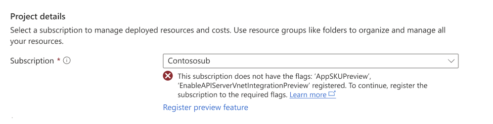 Screenshot dell'errore visualizzato quando una sottoscrizione non ha flag di anteprima registrati durante la creazione di un cluster del Servizio Azure Kubernetes automatico nel portale di Azure.