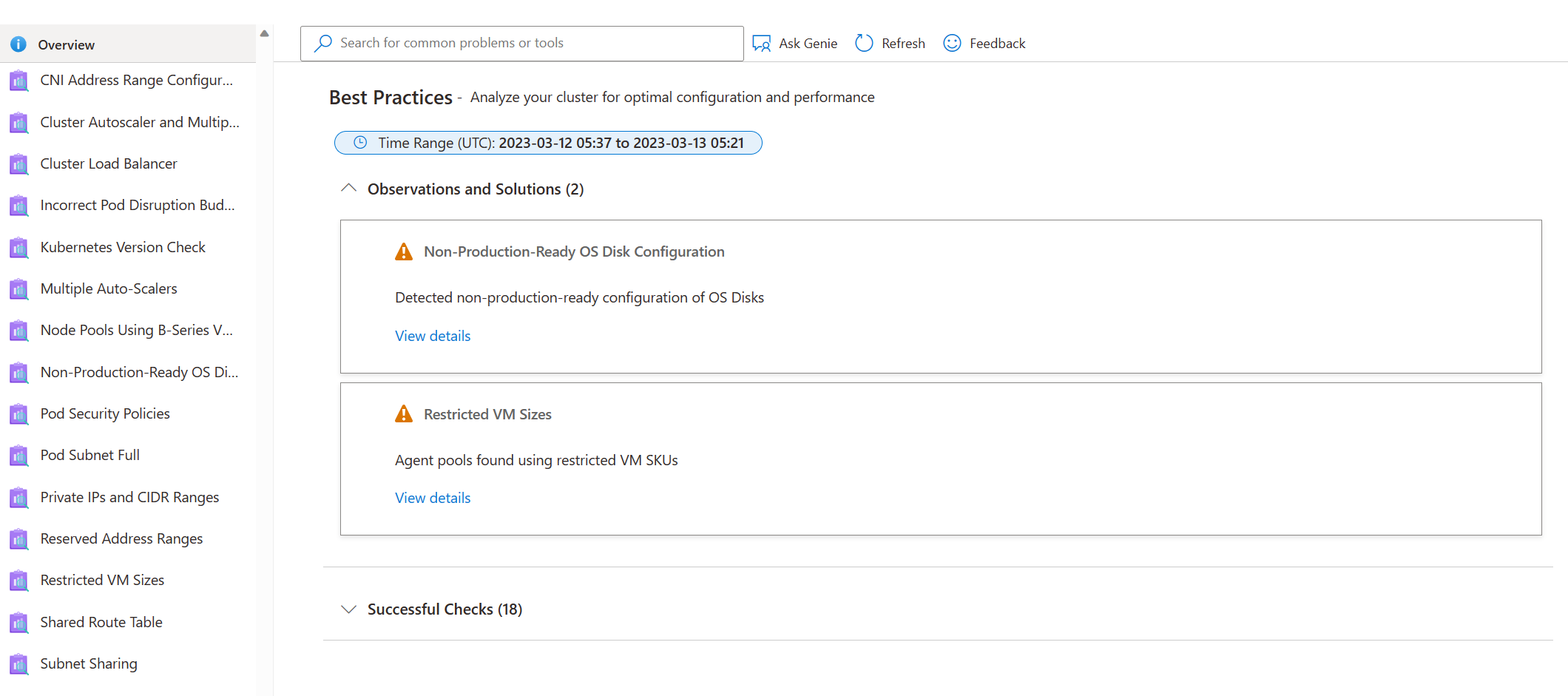 Screenshot di Diagnostica e risoluzione del problema del servizio Azure Kubernetes - Procedura consigliata.