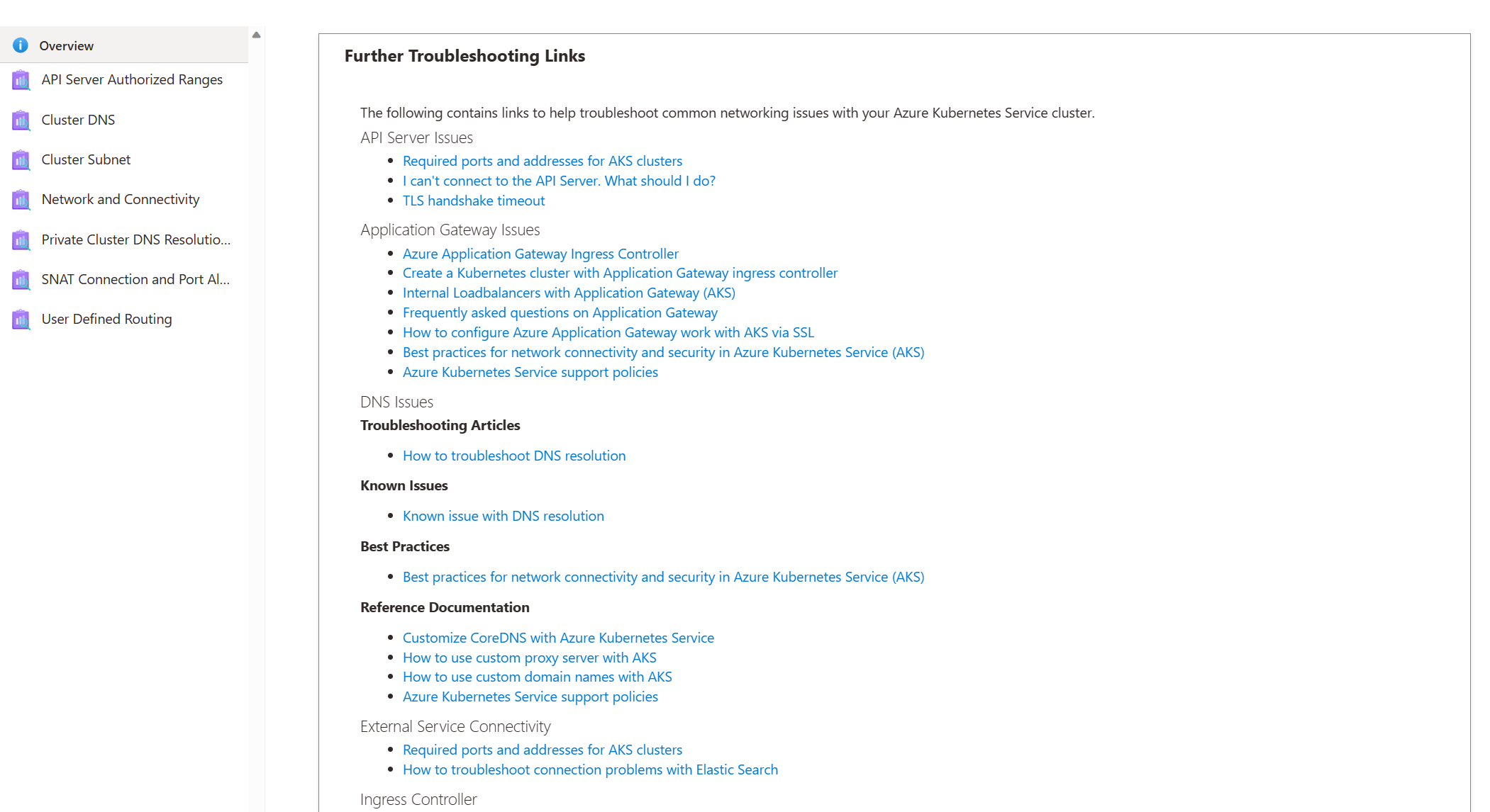 Screenshot del risultato di Diagnostica e risoluzione del problema del servizio Azure Kubernetes - Informazioni aggiuntive - Documentazione.