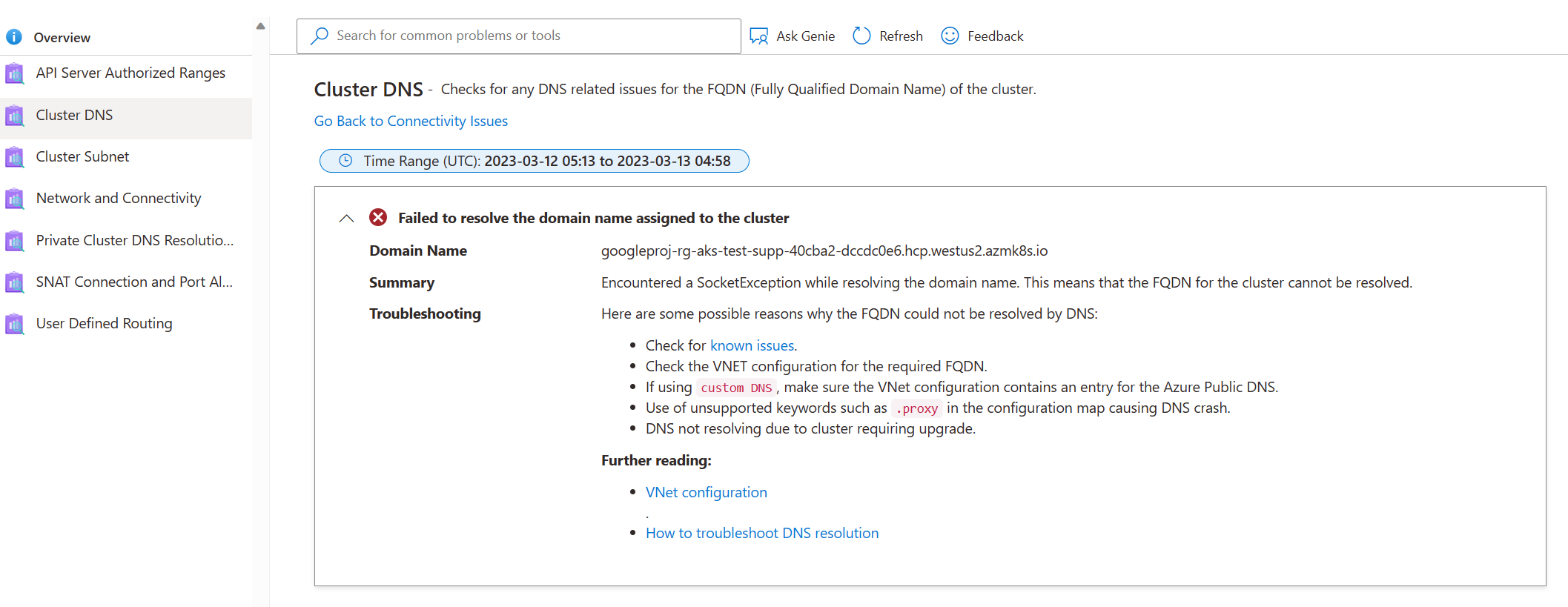 Screenshot dei Risultati di Diagnostica e risoluzione dei problemi del servizio Azure Kubernetes - Rete - DNS cluster.