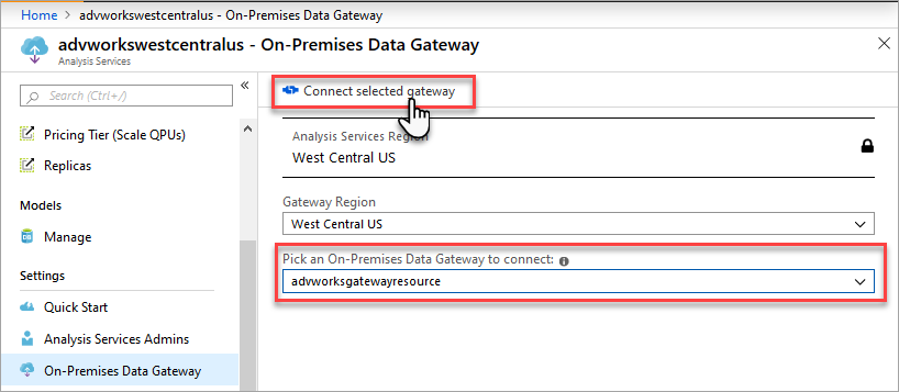 Screenshot che mostra La connessione del server alla risorsa gateway