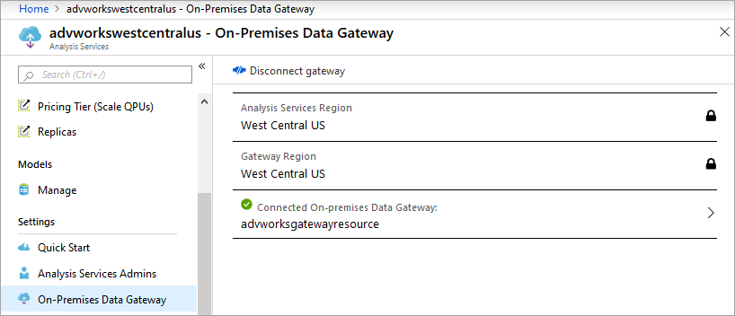 Screenshot che mostra l'esito positivo della connessione del server alla risorsa gateway.