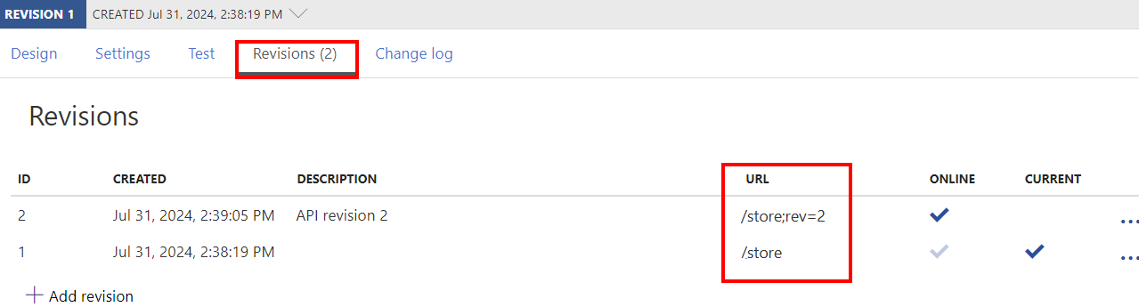 Screenshot degli URL di revisione nel portale.