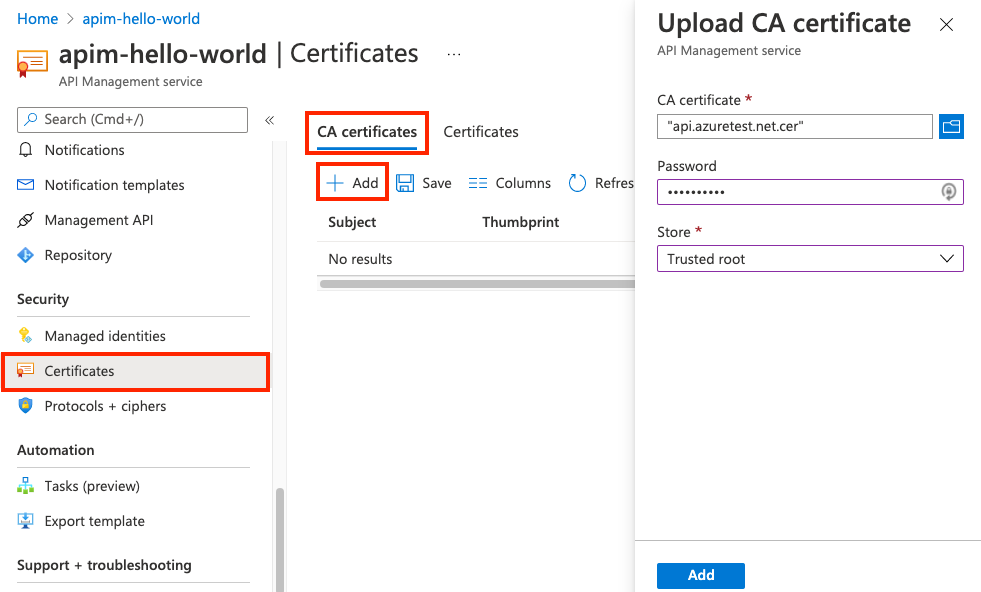 Aggiungere un certificato della CA nel portale di Azure