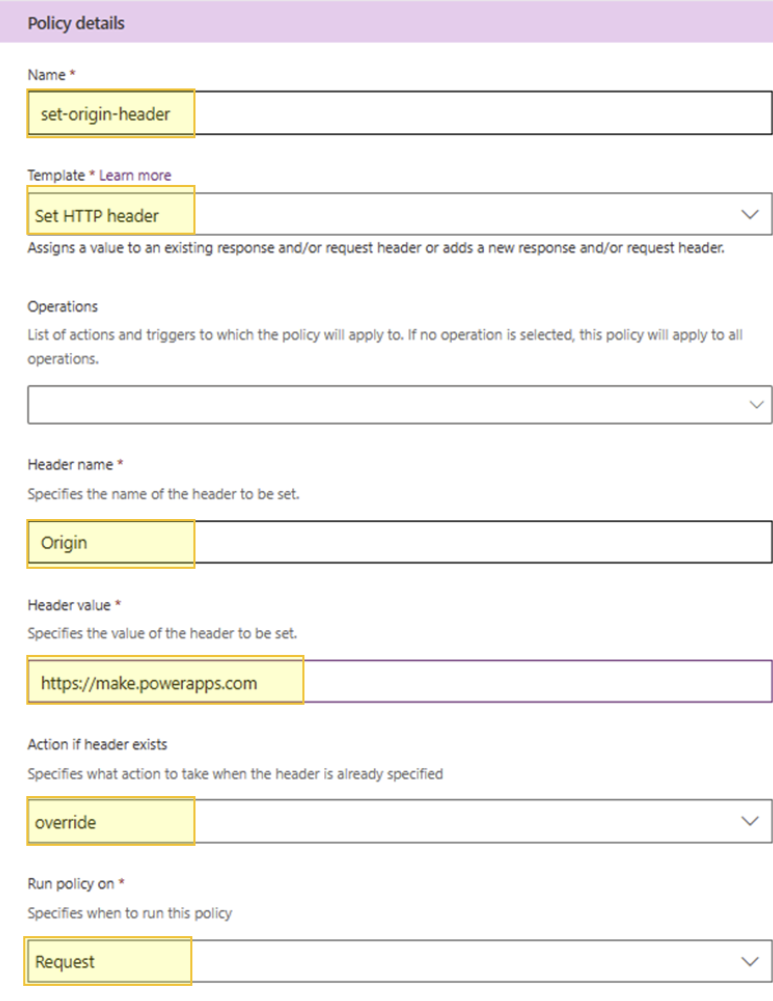 Screenshot della creazione di criteri nel connettore personalizzato di Power Platform per impostare un'intestazione Origin nelle richieste HTTP.