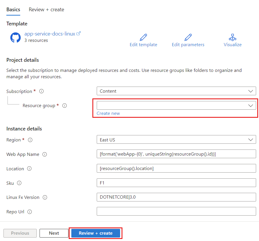 Screenshot del modello di Resource Manager nel portale di Azure.