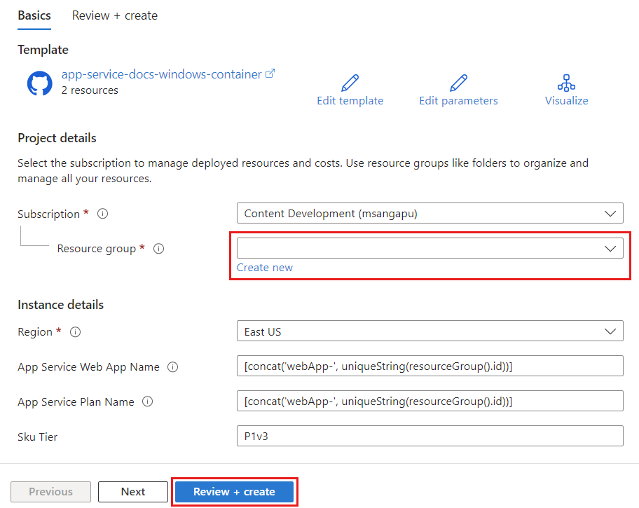 Screenshot del modello di Resource Manager nel portale di Azure.