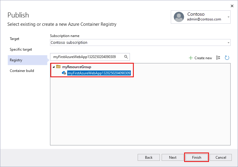 Screenshot della schermata Seleziona registro Azure Container esistente.