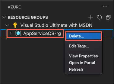 Screenshot dello spostamento in Visual Studio Code per eliminare una risorsa che contiene le risorse del servizio app.