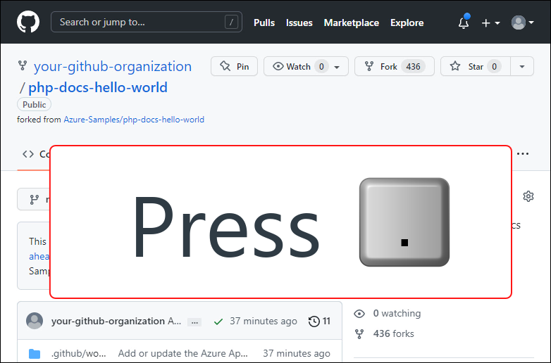 Screenshot del repository php-docs-hello-world con fork in GitHub con istruzioni per premere il tasto punto in questa schermata.