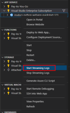 Screenshot che illustra come avviare lo streaming dei log con l'estensione VS Code.