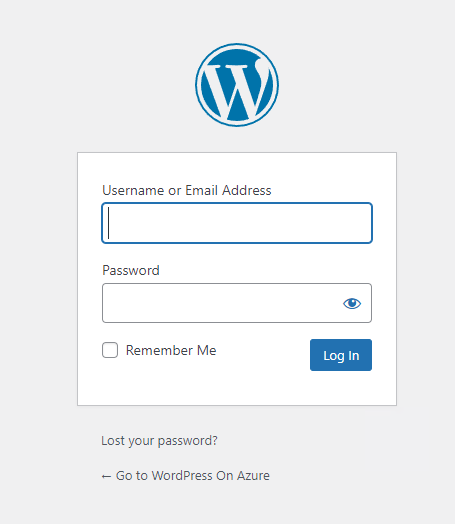 Screenshot dell'accesso amministratore di WordPress nel servizio app Azure.