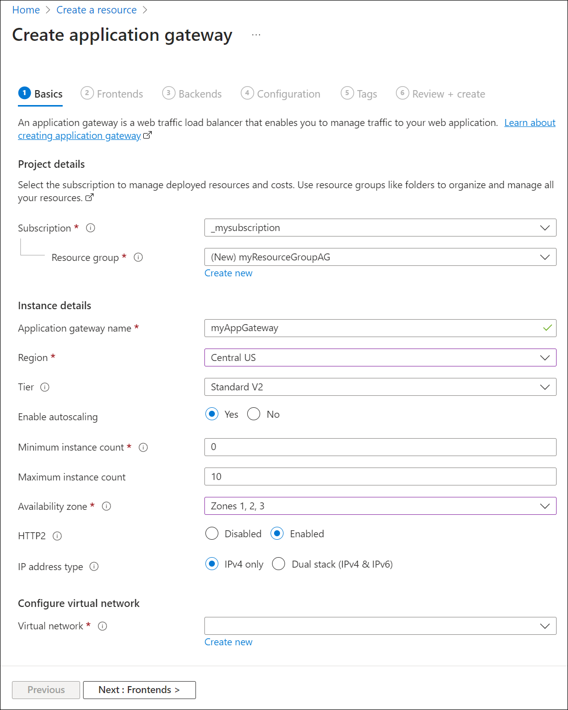 Screenshot della creazione di un nuovo gateway applicazione: nozioni di base.