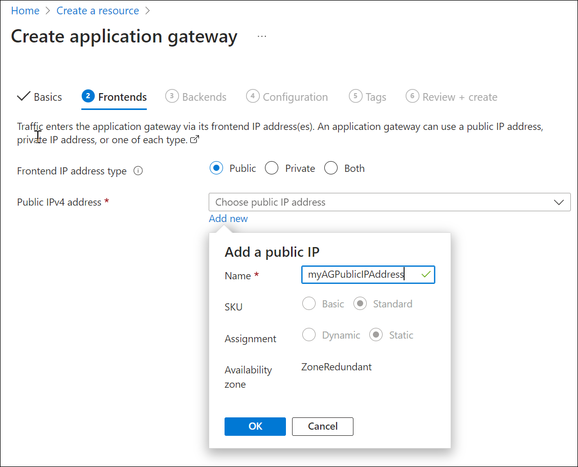 Screenshot della creazione di front-end di un nuovo gateway applicazione.