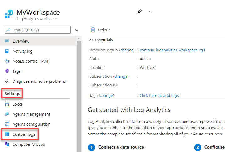 Screenshot della pagina MyWorkspace nel portale di Azure. Vengono evidenziate le impostazioni e i log personalizzati.