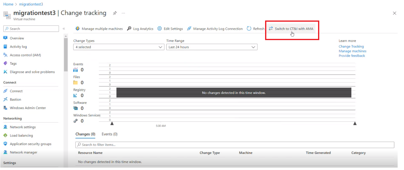 Screenshot che mostra il passaggio tra Log Analytics e l'agente di monitoraggio di Azure dopo una migrazione riuscita.