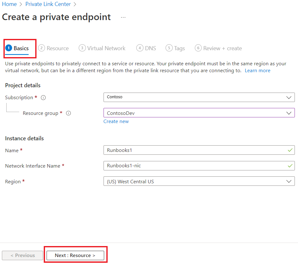 Schermata che mostra come creare un endpoint privato nella scheda Dati principali.