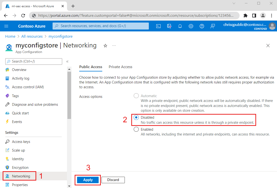 Screenshot del portale di Azure disabilitazione dell'accesso pubblico.