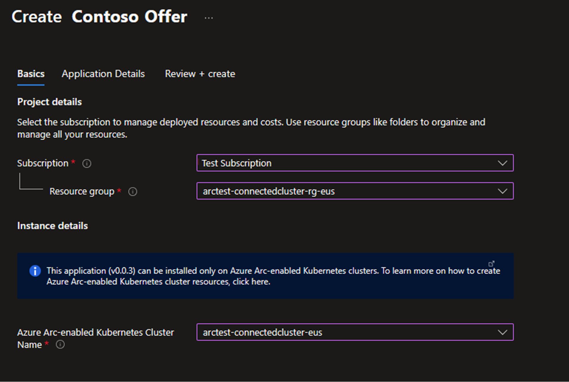 Screenshot che mostra l'opzione per selezionare un gruppo di risorse e un cluster per l'offerta Marketplace.