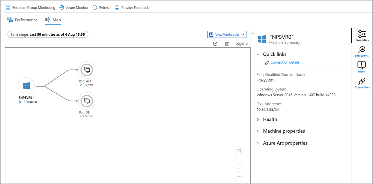 Screenshot della scheda Mappa informazioni dettagliate con la mappa per il computer selezionato.