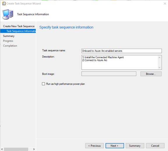 Screenshot della procedura guidata di sequenziazione di attività in Configuration Manager.