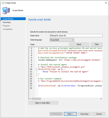 Ritaglio di schermata della schermata Crea script in Configuration Manager.