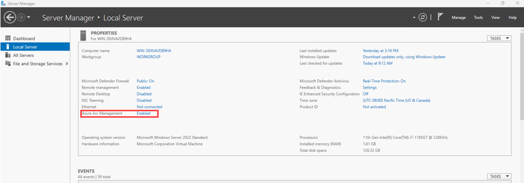 Screenshot del riquadro server locale di Server Manager che mostra che lo stato del computer è abilitato.