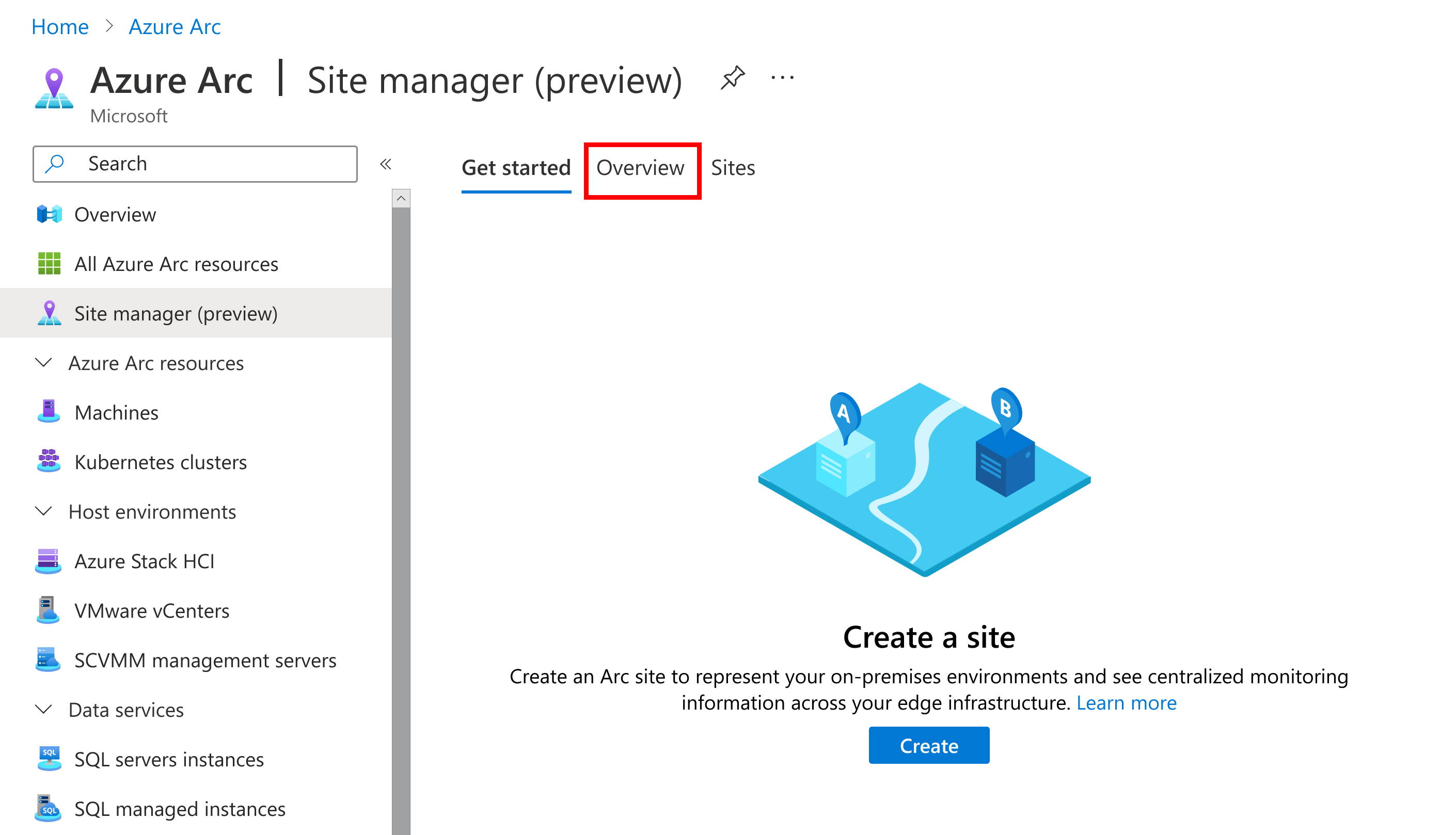 Ritaglio di schermata che mostra la selezione della pagina Panoramica in manager del sito.