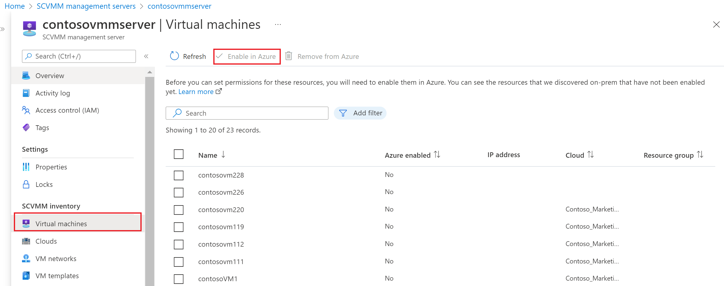 Ritaglio di schermata di come abilitare le macchine virtuali esistenti in Azure.