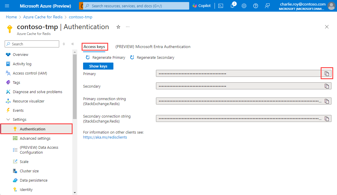 Screenshot che mostra cache di Azure per Redis chiavi di accesso.