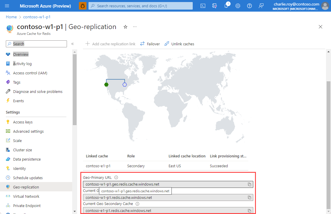 Screenshot che mostra quattro URL creati aggiungendo la replica geografica.