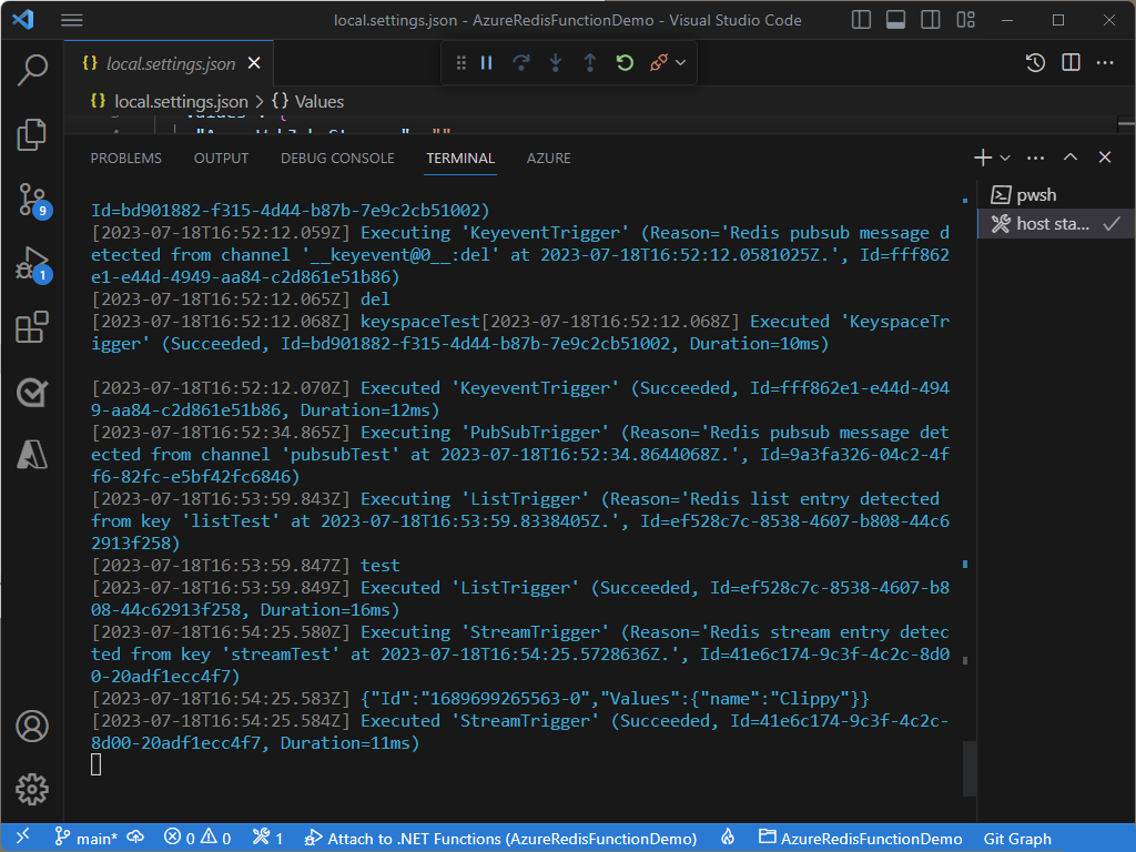 Screenshot dell'editor di VS Code con codice in esecuzione.