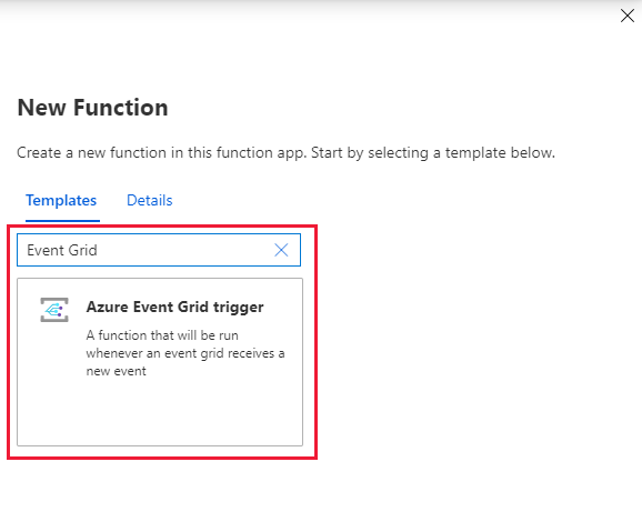 Selezionare il modello di trigger griglia di eventi nel portale di Azure.