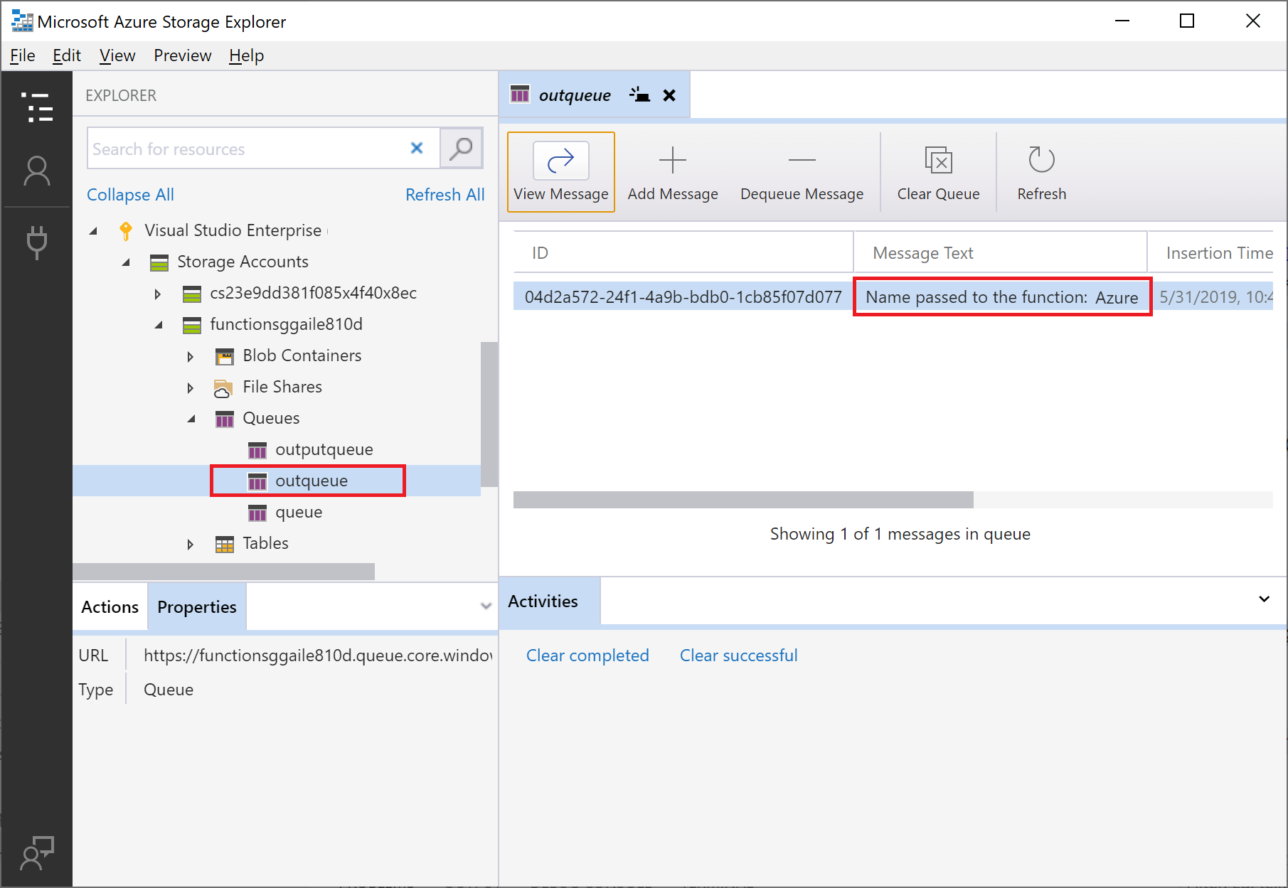 Screenshot del messaggio della coda visualizzato in Azure Storage Explorer.