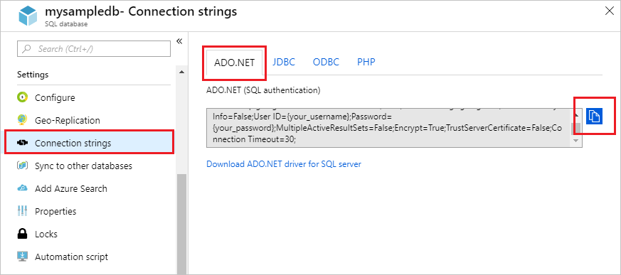 Copiare la stringa di connessione ADO.NET.