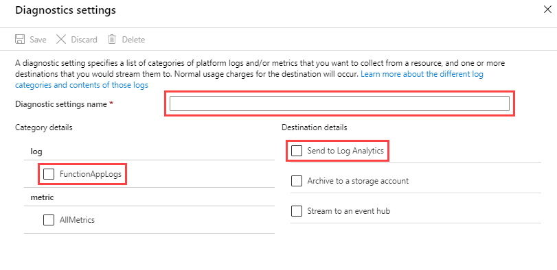 Screenshot dell'aggiunta di un'impostazione di diagnostica per Funzioni di Azure.