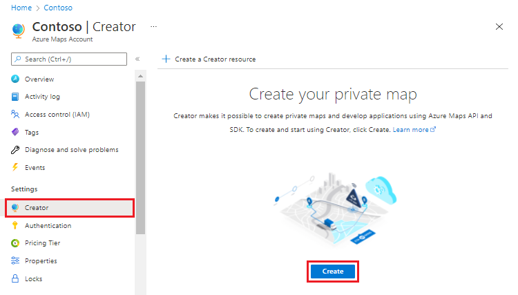 Screenshot della pagina Account Mappe di Azure che mostra la pagina Creator con il pulsante Crea evidenziato.