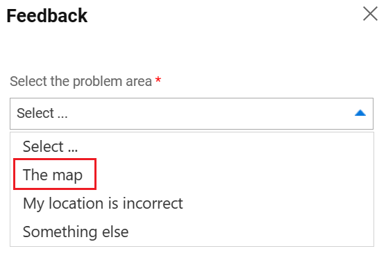 Screenshot che mostra gli elementi nell'elenco a discesa Selezionare l'area del problema, con La mappa evidenziata.