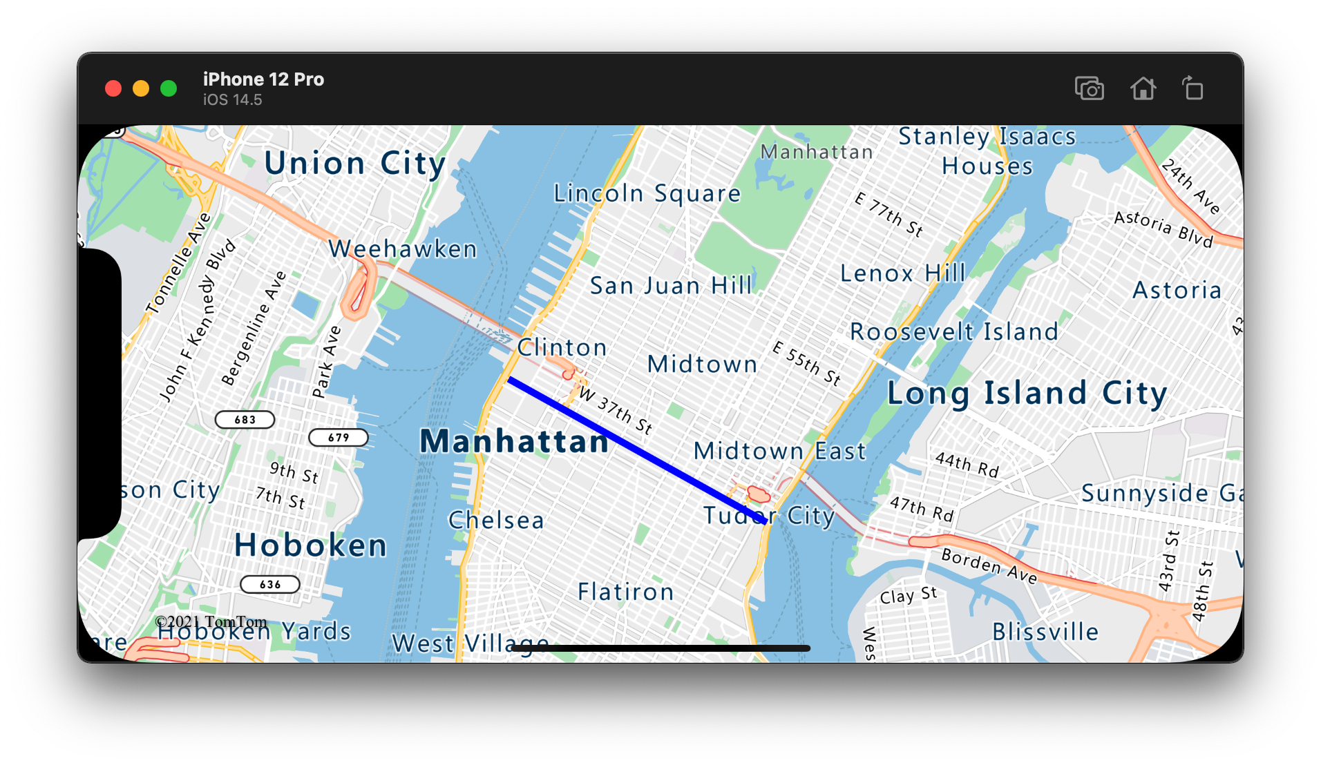 Una linea semplice visualizzata sulla mappa in un livello linea.