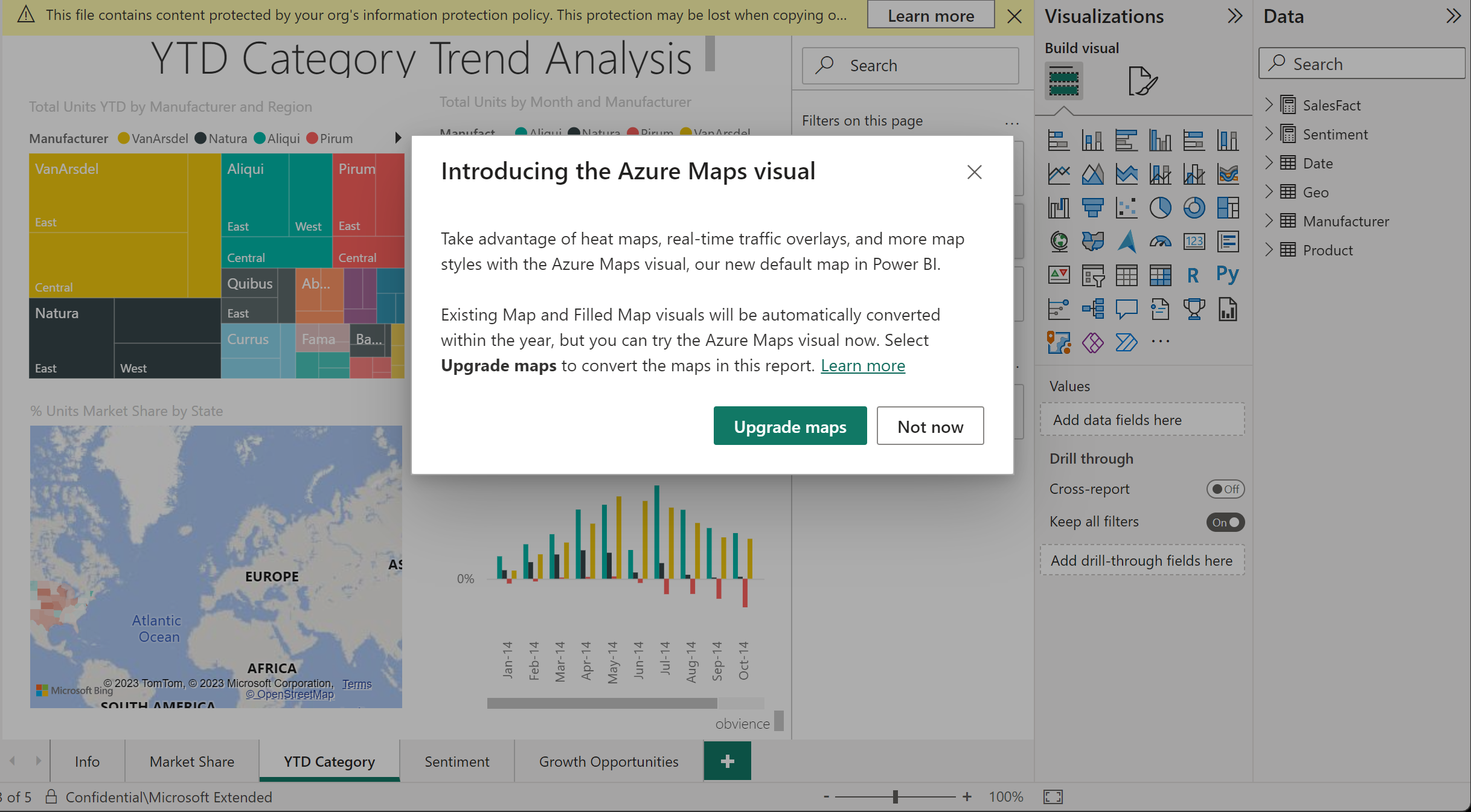 Screenshot che mostra l'opzione per aggiornare le mappe all'oggetto visivo Mappe di Azure.