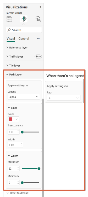 Screenshot che mostra le proprietà di configurazione del livello di percorso, inclusi il colore della linea, la trasparenza e la larghezza, nonché lo zoom minimo e massimo.