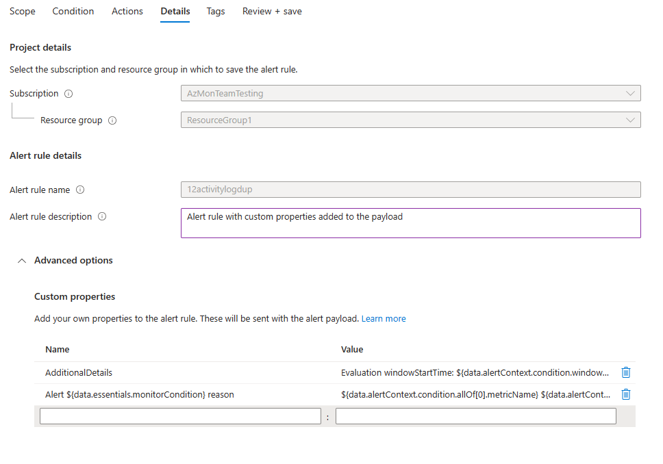 Screenshot that shows custom properties for creating a new alert rule.