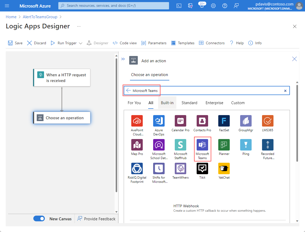 Screenshot che mostra la pagina Aggiungi un'azione di progettazione App per la logica con Microsoft Teams selezionato.