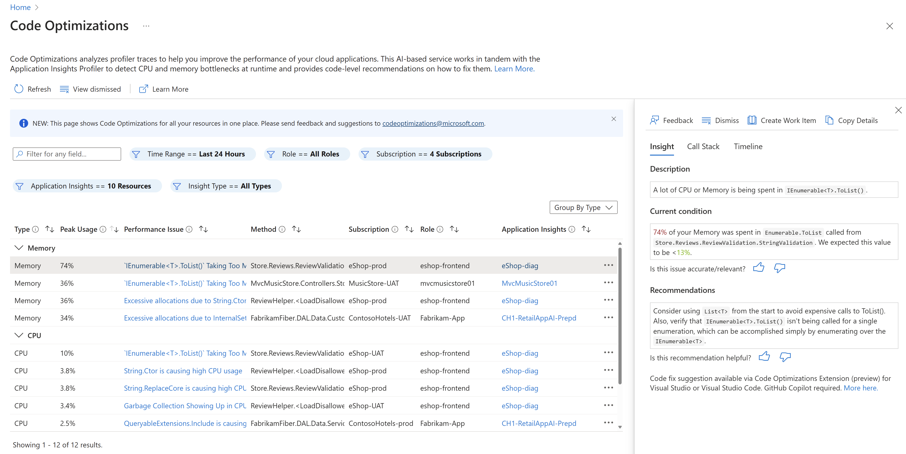 Screenshot della pagina di panoramica consolidata delle ottimizzazioni del codice.