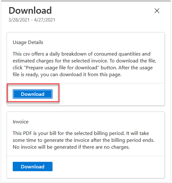 Snapshot che mostra la finestra Download di Gestione costi Microsoft.