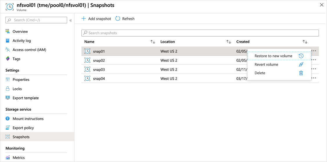 Screenshot che illustra il menu di panoramica Snapshot.